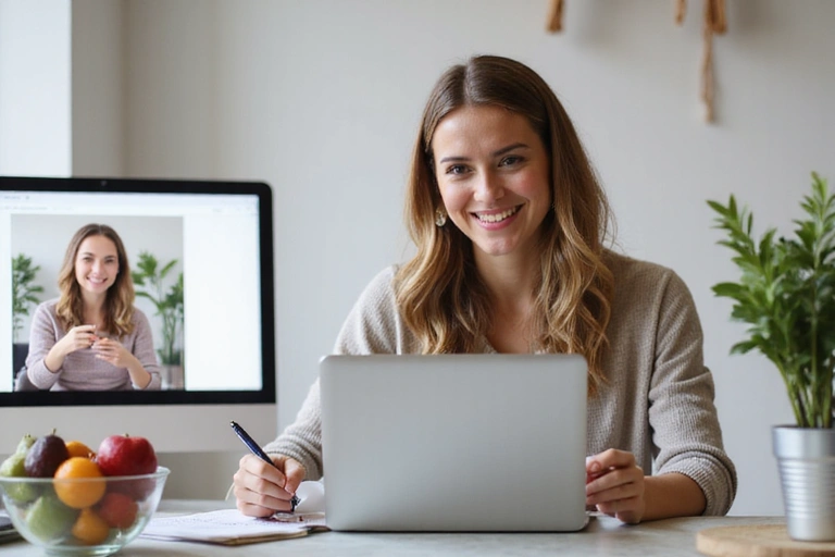 Mujer sonriendo durante una consulta online de nutrición