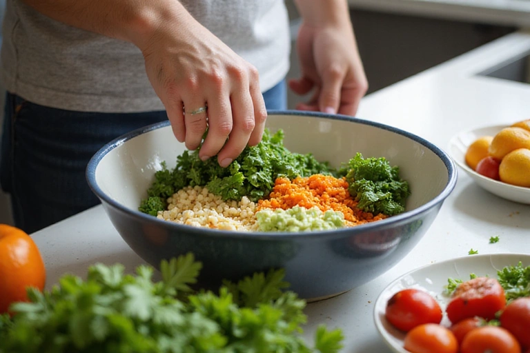 Mano mezclando ingredientes frescos en un tazón de cocina, preparando una comida saludable.