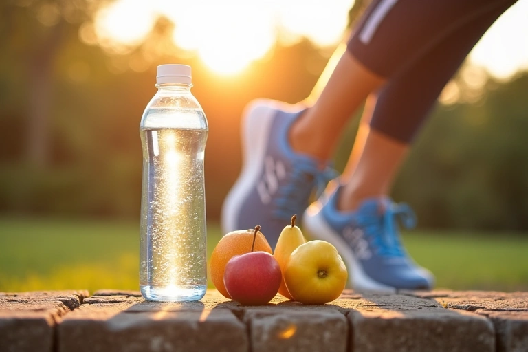 Persona haciendo ejercicio al aire libre, con una botella de agua y frutas al lado, simbolizando hidratación y energía.
