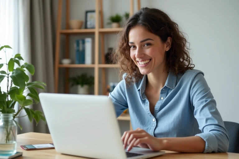 Mujer sonriendo mientras tiene una consulta nutricional online en su laptop.