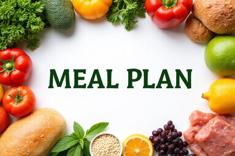 Variedad de alimentos saludables y coloridos dispuestos artísticamente, simbolizando un plan de alimentación personalizado.