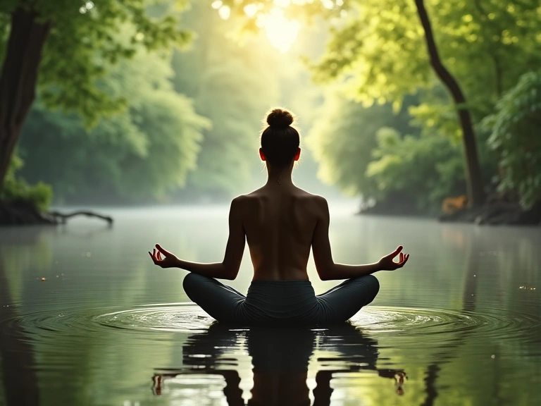 Una persona meditando en un entorno natural, simbolizando equilibrio y bienestar.